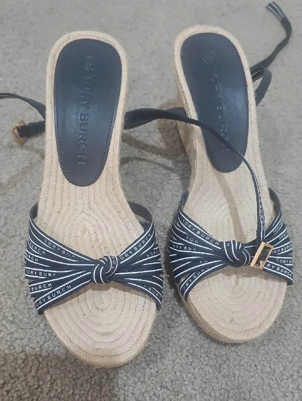 Tory Burch Logo Ribbon Espadrille Wedge Sandals
